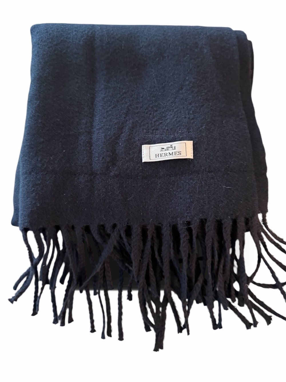 Hermès Navy Blue Fringe Cashmere Scarf - Picture 3 of 3